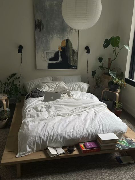 Mountain Aesthetic Room, Plant Studio Apartment, Summer Aesthetic Minimalist, Apartment Nature Aesthetic, Scandinavian Aesthetic Home, Dark Green Carpet Bedroom, Zen Aesthetic Bedroom, Living And Bedroom In One, King Size Bed Aesthetic