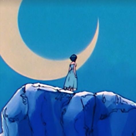 An aesthetically pleasing photo of Sailor Mercury from the show Sailor Moon. Sailor Mercury wears a long blue dress while standing atop a cliff. A crescent moon is shown in the background. Mercury Aesthetic, Ami Mizuno, Moon Aesthetic, Sailor Moon Aesthetic, Sailor Mercury, Sailor Scouts, Learn To Love, Blue Aesthetic, Sailor Moon