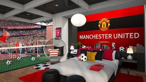 Man United Bedroom Ideas, Man Utd Bedroom, Manchester United Room Ideas, Manchester United Bedroom Ideas, Manchester United Bedroom, Boys Soccer Bedroom, Boys Football Bedroom, Soccer Themed Bedroom, Soccer Bedroom