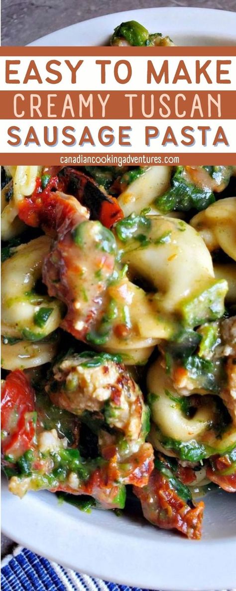 This Creamy Tuscan Sausage Pasta is ready in less than 30 minutes. So if you’re looking for some comfort food tonight, look no further. Check it out! Creamy Tuscan Sausage Pasta, Tuscan Sausage Pasta, Alfredo With Sausage, Italian Sausage Tortellini, Tuscan Sausage, Tortellini Alfredo, Sausage Tortellini, Tortellini Recipes, Tortellini Pasta