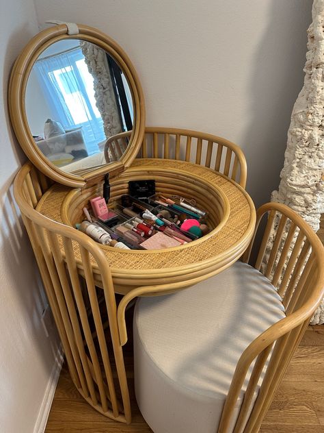 Elise Vanity And Stool Set, Vanity And Stool Set, Elise Vanity, Circular Vanity, Circle Vanity, Bohemian Vanity, Dream Makeup Room, Rattan Vanity, Boho Vanity