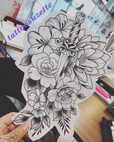 Shin Tattoo Drawings, Dagger Thigh Tattoos Women, Dagger And Flower Tattoo, Dagger Thigh Tattoo, Thigh Dagger Tattoo, Flower Dagger Tattoo, Dagger With Flowers Tattoo, Dagger Flower Tattoo, Dagger Tattoo Women