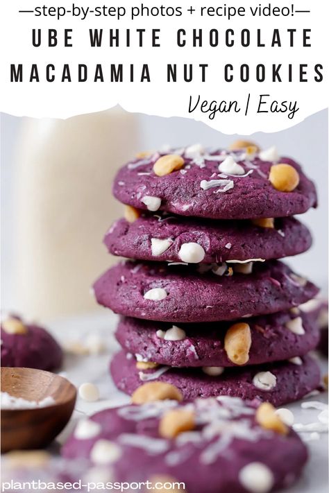 Vegan Ube Cookies, Chocolate Macadamia Nut Cookies, Sweet Potato Powder, Ube Recipes, White Chocolate Macadamia Nut Cookies, White Chocolate Macadamia Nut, Macadamia Nut Cookies, Vegan White Chocolate, Nut Cookies