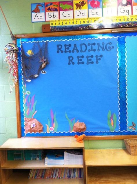 Jellyfish Classroom Decor, Reading Reef, Mermaid Classroom Theme, Nemo Decorations, Mermaid Classroom, Underwater Classroom, Sea Bulletin Board, Ar Goals, Ocean Classroom Decor