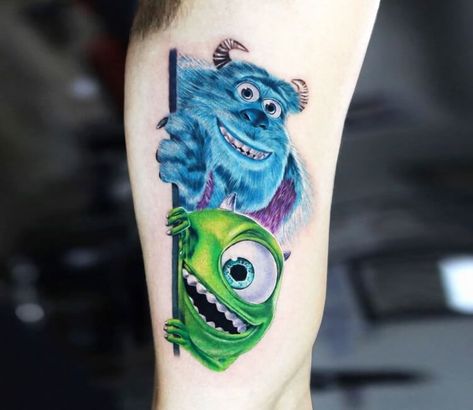 Disney Cartoon Tattoos, Sully Tattoo Monsters Inc, Monsters Inc Tattoos, Monsters Ink Tattoo, Mike And Sully Tattoo, Monsters Inc Tattoo Ideas, Boo Monsters Inc Tattoo, Monsters Inc Tattoo Small, Mike Wazowski Tattoo