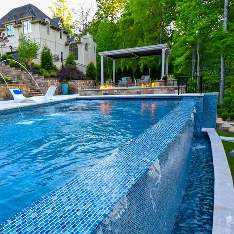 Hillside Pool, Raised Pools, Decks Around Pools, Lazy River Pool, Luxury Pools Backyard, Edge Pool, Pool Landscape Design, Lazy River, Infinity Edge Pool