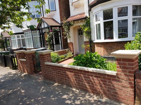 Flat regency pier caps in dry cast cream colour with flat top coping stones... perfect 1930s House Exterior Uk, Coping Stones, Front Garden Ideas Driveway, Brick Wall Gardens, Garden Ideas Driveway, Brick Pillars, Garden Front Of House, Garden Wall Designs, Brick Fence