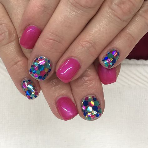 Hot Pink and confetti glitter gel nails  Light Elegance Sassysquatch Pink Confetti Nails, Sparkle Gel Nails, Gel Nail Light, Confetti Nails, Light Elegance, Hot Pink Nails, Pink Confetti, Glitter Gel Nails, Nails Glitter