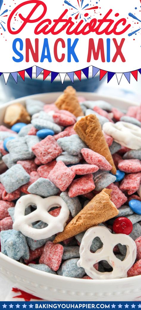 4th of July Snack Mix, party in the sun with this patriotic themed snack mix complete with waffle cone tips for the perfect splash of summer! Cheerios Snacks, Patriotic Snacks, Sweet Easy Recipes, Yogurt Covered Raisins, White Chocolate Covered Pretzels, Pretzel Treats, Patriotic Food, Cereal Snacks, Patriotic Desserts