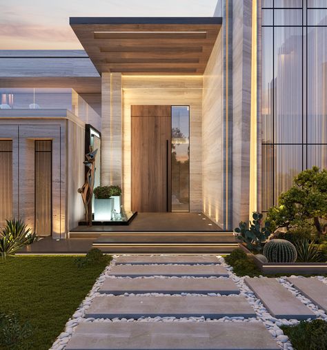 Exterior Facade | UAE :: Behance Modern Facade Design Residential, Saudi House, Villa Facade Design, Villa Facade, Bachelor's Pad, Modern Desert Home, Villa Entrance, Luxury Houses Entrance, Houses Mansions