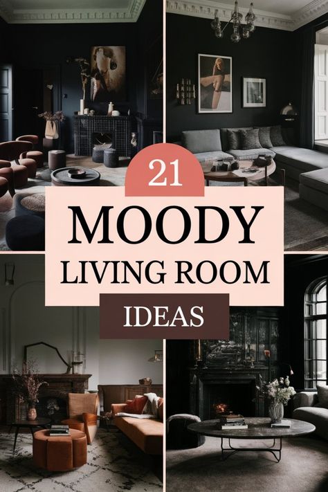 21 ideas for creating a moody living room with dark color palettes and cozy decor. Dark Color Walls Living Room, Black Walls Grey Couch, Light Sofa Dark Walls, Moody Girly Living Room, Fireplace Decor Inspiration, Living Room Moody Modern, Grey Couch Moody Living Room, Minimalist Dark Living Room, Filling Wall Space In Living Room