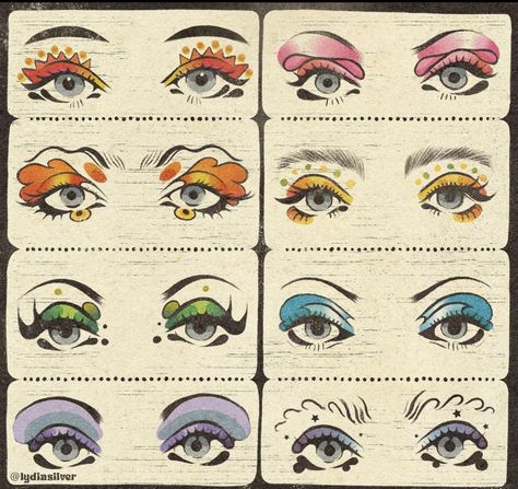 Unique Eyebrow Shapes, Pippin Musical Makeup, Carnival Inspired Makeup, Funky Eyeshadow Looks, Cool Lip Makeup, No Eyelashes Makeup Look, Beginner Drag Makeup, Weird Core Makeup, Easy Drag Makeup