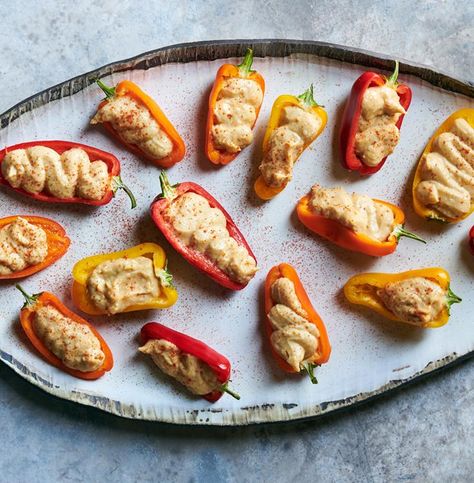 Hummus-Stuffed Peppers Mini Peppers Recipes, Mini Peppers, Holiday Appetizers Recipes, Stuffed Mini Peppers, Crab Recipes, Dips Appetizers, Appetizers And Dips, Cheese Stuffed, Holiday Appetizers