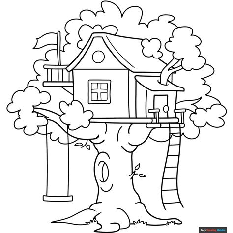 Free Tree House Coloring Page for Kids Tree House Drawing Easy, Tree House Coloring Pages, House Coloring Pages For Kids, Tree House Drawing, Simple House Drawing, Printable Tree, Easy Drawing Guides, Simple Sketches, Creativity Ideas