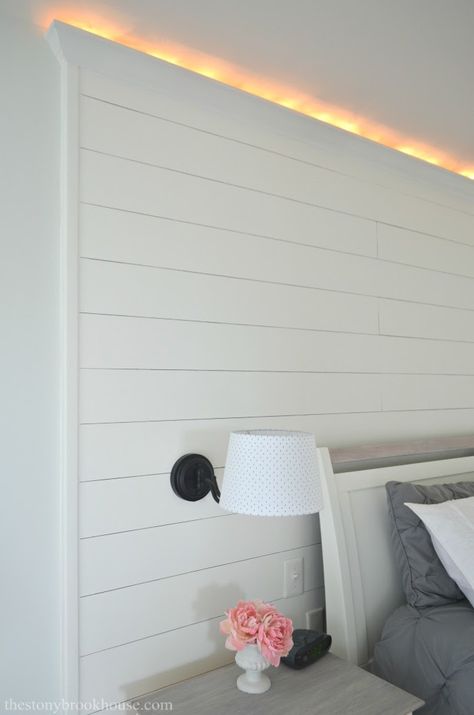 White Wooden Accent Wall, Plank Wall Behind Bed, Shipload Bedroom Wall, Shiplap Wall With Lights, Shiplap Headboard With Lights, Partial Shiplap Wall Bedroom, Accent Wall Behind Bunk Bed, Plank Accent Wall Bedroom, Accent Wall With Sconces