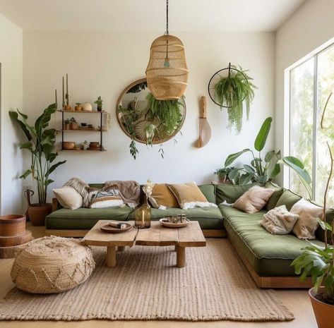 House Plants Interior Design, Green Yellow Orange Living Room, Living Room Designs Earth Tones, Boho Jungle Living Room, Living Room Nature Theme, Boho Chic Beach House, Plant Themed Living Room, Boho Living Room Decor Inspiration, Boho Living Room Green Couch