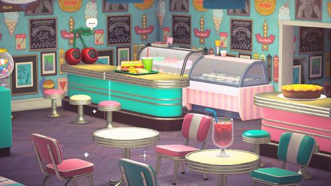 Diner Ideas Acnh, Acnh Fastfood, Animal Crossing Dinner Ideas, Animal Crossing Diner Panel Design, Acnh Retro Island, Animal Crossing Diner Ideas, Acnh Retro Designs, Acnh Diner Designs, Diner Animal Crossing