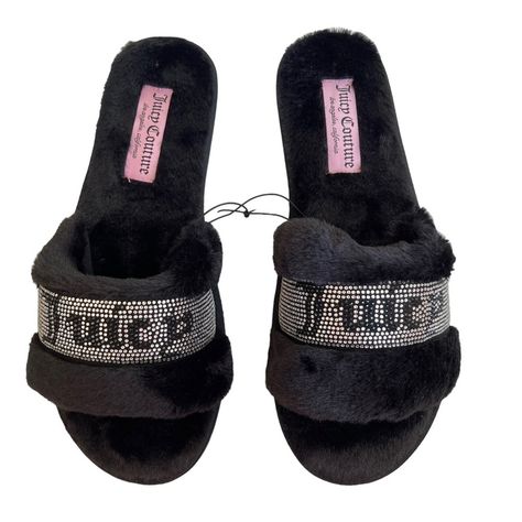 Juicy Couture Women’s Gravity2 Slide Slippers Size Xl (9-10) Inside Footbed Measures 11” Rhinestones With Words “Juicy” Beautiful Black With Silver Rhinestones New With Tags Immediate Shipping. Pet & Smoke Free Environment 0660 E Bin 61 Fuzzy Sandals, Leopard Slippers, Juicy Couture Necklace, Black Winter Boots, Juicy Couture Shoes, Classic Slippers, Pink Slippers, Open Toe Slippers, Black Slippers