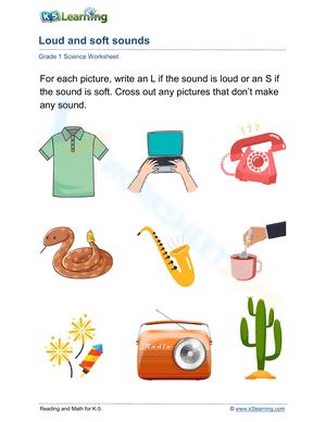 Indicate whether each picture corresponds to a loud sound with an "L" or a soft sound with an "S." Eliminate any pictures that do not produce any sound by crossing them out. #Grade-1 #Grade-2 Sound Science, Science Worksheets, Grade 2, Grade 1, Sound, Science, Coding, Writing