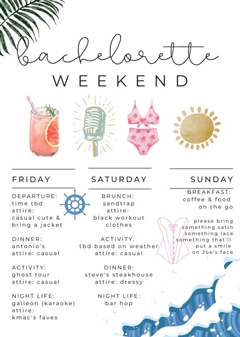 Customize your bride tribe weekend. Decals and colors adjustable to fit theme. Maine Bachelorette Weekend, Bachelorette Weekend Themes, Destin Bachelorette, Bachelorette Weekend Ideas, Free Bachelorette Party Games, Cruise Bachelorette, Cruise Bachelorette Party, Weekend Itinerary Template, Bach Bash