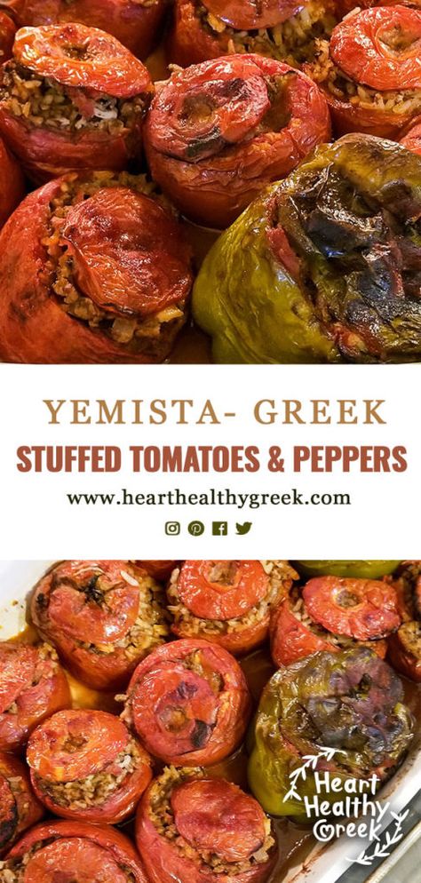 Gemista Recipe, Greek Stuffed Tomatoes, Healthy Greek Recipes, Greek Stuffed Peppers, Mediterranean Dinner, Greek Recipes Authentic, Greek Dinners, Eggplant Zucchini, Stuffed Tomatoes