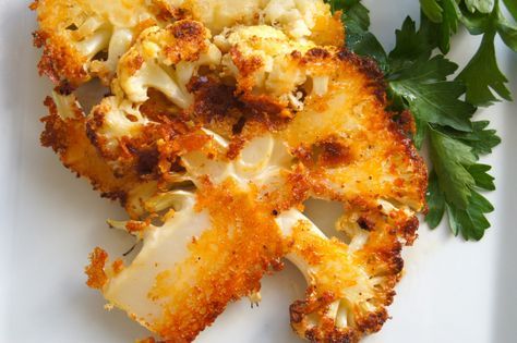 Parmesan Crusted Cauliflower Steaks Parmesan Crusted Cauliflower, Baked Potato Halves, Parmesan Baked Potatoes, Parmesan Roasted Cauliflower, Parmesan Cauliflower, Grilled Cauliflower, Cauliflower Bread, Vegetable Recipe, Cauliflower Steaks