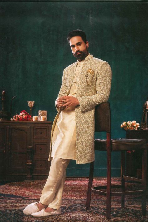 This three-piece set of golden sherwani is no less bright than gold, the coat has been detailed with peach golden and grey color embroidery with a brooch on the left side.
Contact us for more information
📞 +91-8824890334
📩 sherwaniformen@gmail.com
Visit our store, the link is given in the bio.
.
.
.
.
.
#traditionalwearsformen #traditionalwearformen #ethnicwearformen #mensethnicwear #onlineshopping #fashionblogger #shopping Indian Suit For Men, Groom Outfit Indian, Traditional Wear For Men, Golden Sherwani, Indo Western For Men, Wedding Kurta For Men, Groom Dress Men, Wedding Outfits For Groom, Wedding Dresses Men Indian