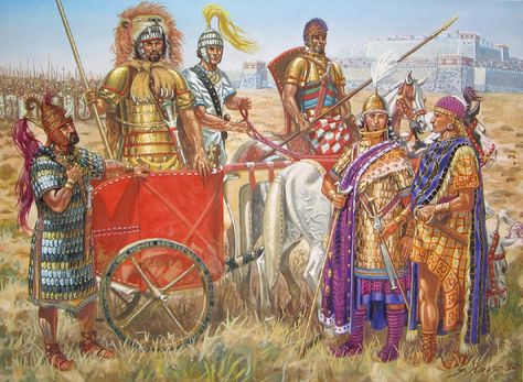 The Trojan War.  Achaean on the left in chariot, Trojan with Hittite on the right. Greco Persian Wars, Sea Peoples, Greek Soldier, Greek Warrior, Grece Antique, Ancient Warfare, Greek History, In Memoriam, Iron Age