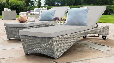 How to Care for Rattan Furniture Double Sun Lounger, Sun Loungers, Sun Lounge, Rattan Garden Furniture, Glass Top Coffee Table, Colourful Cushions, Grey Cushions, Rattan Furniture, Glass Top Table