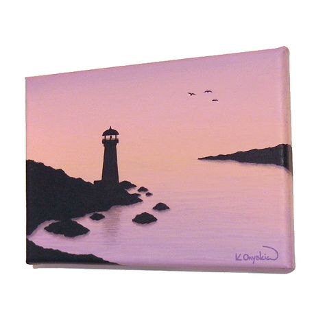 Small Lighthouse at Dawn Original Art - Folksy Lighthouse Acrylic Painting, Calming Painting Ideas, Silhouette Acrylic Painting, Pink Acrylic Painting, Dawn Painting, Pink Painting Ideas, Small Acrylic Painting, Morning Painting, Mini Toile