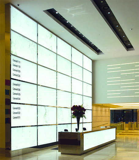 Feature Wall - Spanlite Backlit Perforated Metal, Onyx Wall, Lobby Ideas, Led Projects, Basement Gym, Installing Siding, Fluorescent Tube, White Onyx, Edge Lighting