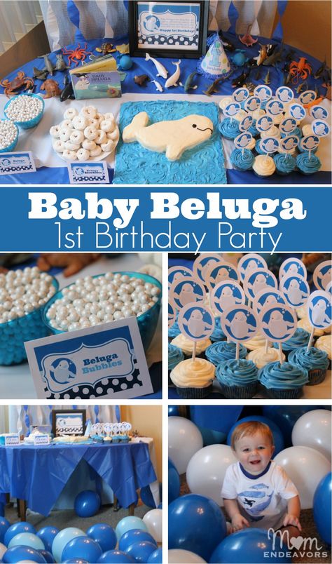 Baby Beluga 1st Birthday Party - a fun & unique theme party theme! Full party details via momendeavors.com Spooky Lantern, Whale Birthday Parties, Unique Birthday Party Themes, Pickle Party, Diy Kids Birthday Party, Baby Beluga, Beluga Whales, Whale Birthday, Kids Themed Birthday Parties