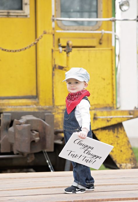 Train Birthday. Chugga Chugga Two Two. 2nd Birthday. Train 2nd Birthday. Train Son Photography. Conductor Hat. Toddler Boy. Credit: Amanda McBroom Photography. Three Train Birthday, Train Birthday Party Outfit, Chugga Chugga Two Two Photoshoot, Train Birthday Photoshoot, Train Birthday Balloons, Train Theme Centerpieces, Choo Choo 2nd Birthday, Chugs Chugs Two Two Birthday, Chuga Chuga Two Two Birthday