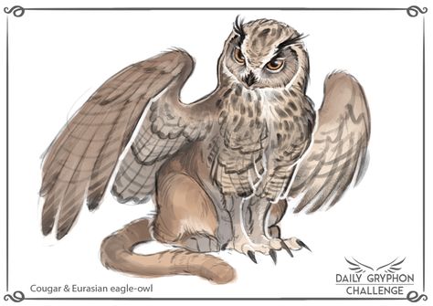 Gryphon Challenge 20 : Euras. eagle-owl and Cougar by GaiasAngel on DeviantArt Owl Cat Hybrid, Owl Hybrid, Eurasian Eagle Owl, Hybrid Cat, Owl Cat, Hybrid Art, Eagle Owl, Creature Artwork, Amazing Drawings