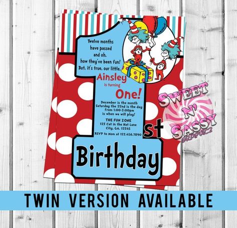 Twins Birthday Party Invitations, Twin Birthday Invitations, Thing One And Thing Two Birthday Invitations, Cat In The Hat Invitations, Twin Dr Seuss Birthday, Texas Party, Thing One Thing Two, Cat In The Hat Party, Twin Birthday Parties