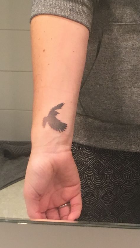 #dotwork #blackwork Dotwork crow wrist tattoo. Crow Wrist Tattoo, Wrist Tattoo, Wrist Tattoos, Leaf Tattoos, Maple Leaf Tattoo, Blackwork, Cool Tattoos, Tatting, Tattoos