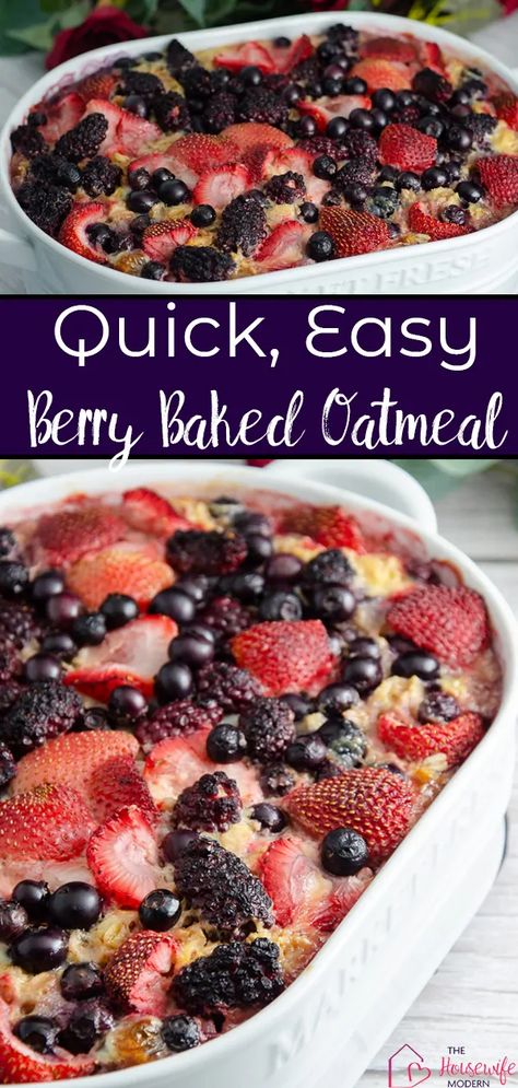 Triple berry baked oatmeal. This quick and easy berry oatmeal bake is going to be your new favorite breakfast. Berry Oatmeal Bake, Berry Baked Oatmeal, Chia Puddings, Oatmeal Bake, Berry Oatmeal, Oatmeal With Fruit, Healthy Foods To Make, Breakfast Oatmeal Recipes, Berry Breakfast