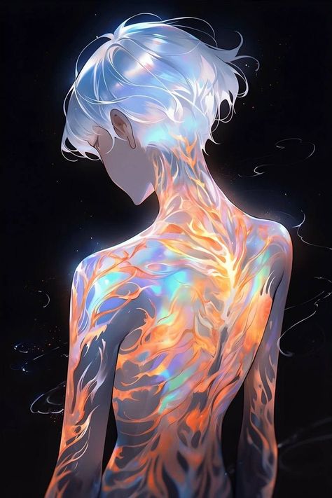 Crystals Growing Out Of Skin Art, Light And Dark Character Design, Glowing Character Design, Crystal Person Concept Art, Glowing Hair Art, Ethereal Character Design, Bioluminescence Creatures, Silver Character Design, Blue Skin Character