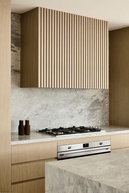 wood slat oven hood, solid marble wall // fort & field Design Building, Kitchen Hoods, Kitchen Design Trends, Contemporary Kitchen Design, Kitchen Trends, Trendy Home, Wooden Kitchen, Küchen Design, Contemporary Kitchen