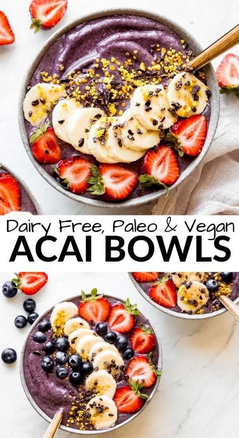 This recipe for a paleo and vegan acai bowl is packed with all kinds of nutrient dense ingredients. It will be loved by the whole family and is the perfect balance of tart and sweet. It's perfect for breakfast, as a snack and is completely dairy free and refined sugar free! #acaibowl #paleo #vegan #dairyfree #breakfast Best Matcha Latte Recipe, Vegan Acai Bowl, Vegan Blueberry Muffins, Açaí Bowls, Acai Bowls Recipe, Best Paleo Recipes, Paleo Recipes Breakfast, Paleo Food, Paleo Vegan