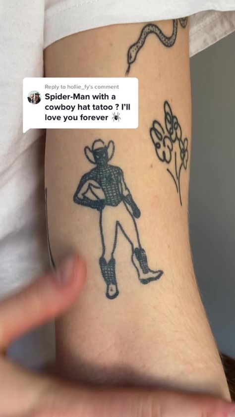 Cowboy Spiderman Tattoo, Spiderman Cowboy, Cowboy Hat Tattoo, Cowboy Tattoo, Pair Tattoos, Hat Tattoo, Spiderman Tattoo, Left Arm Tattoos, Cowboy Tattoos