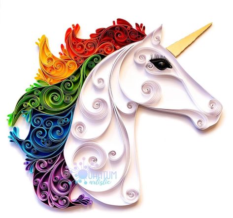 Quilled Rainbow Scrollwork Unicorn | Quantum Artistic Unicorn Quilling, Quill Art, Diy Quilling Crafts, Unicorn Wall Art, Glitter Unicorn, Unicorn And Glitter, Unicorn Wall, Quilling Craft, Colorful Glitter