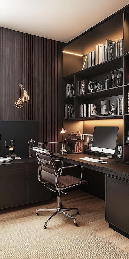 28 Home Office Ideas That You Should Try - Drop By My Home Living Office Combo Layout, Software Engineer Office, Home Office Dark, Organize Office Space, Staircase Decor Ideas, Small Gallery Wall, Office Closet, Feminine Home Offices, Minimalist Home Office