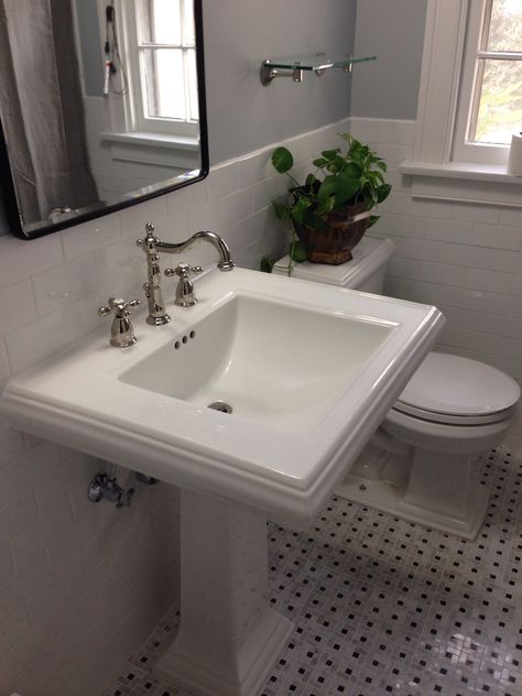 #Kohler Memoirs sink and toilet, #PotteryBarn medicine cabinet, #BenjaminMoore Pale Smoke on the walls | kmh creative, llc Kohler Memoirs Pedestal Sink, Powder Room Redo, Kohler Sink, Kohler Memoirs, Pedestal Bathroom Sink, Basement Plans, Pedestal Sinks, Pedestal Sink, Small Bath