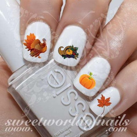 Thanksgiving Nail Art Turkey Pumpkin Cornucopia Autumn Leaf Nail Water Decals https://www.sweetworldofnails.com Thanksgiving Nails Gel, Turkey Nails, Fox Nails, Nail Art Halloween, Thanksgiving Nail Designs, Nail Water Decals, Thanksgiving Nail Art, Thanksgiving Nail, Fall Gel Nails