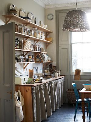 Kitchen with open wood shelving for storage, natural linen gathered skirt - Curious Sofa Diaries Unfitted Kitchen, Country Living Uk, Cottage Kitchen, Kitchen Pantry, Country Kitchen, A Kitchen, Kitchen Inspirations, Farmhouse Kitchen, Vintage Kitchen