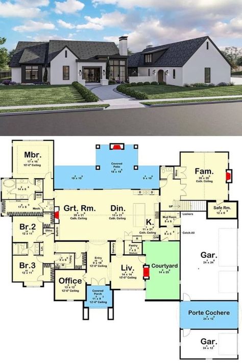 Home Stratosphere Brick And Stucco Exterior, Courtyard Floor Plan, Port Cochere, Two Story Cottage, Home Stratosphere, Southern Traditional, Gambrel Roof, Classic Cottage, European Farmhouse