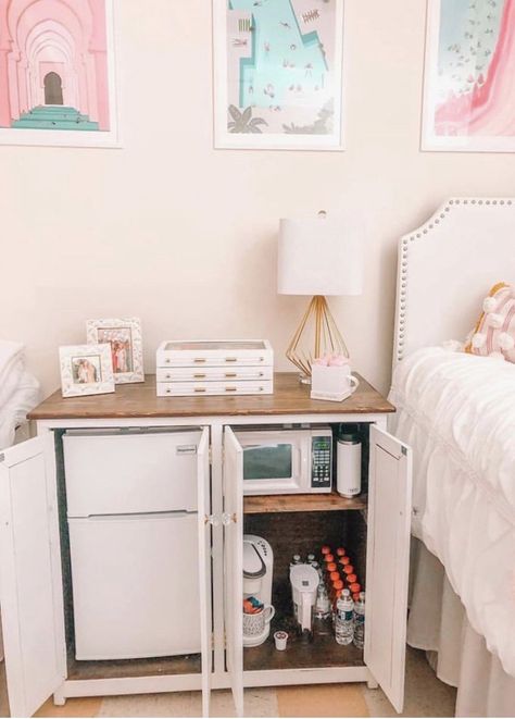 DM gab.mell to purchase! Holds fridge, microwave, and keurig! Target Dorm Room, Organization Dorm, Dorm Room Ideas For Girls, Dorm Bed Skirts, Bedding Dorm, Dorm Room Kitchen, Dorm Fridge, Room Decor Dorm, Dorm Desk