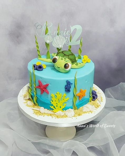 Sea Turtle Cake, Turtle Cake, Sea Cakes, Cute Cake, Happy 2nd Birthday, Cute Turtles, Sugar Paste, Chocolate Buttercream, Sea Blue