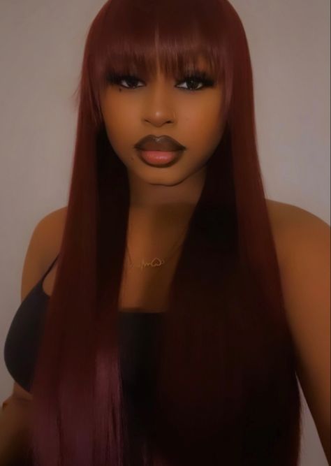 Honey Blonde Bangs Black Women, Bangs With Glasses Black Women, Wigs For Black Women With Bangs, Red Wig With Bangs Black Women, Colored Bangs Black Hair, Long Ponytail With Bangs, Wig With Bangs For Black Women, Dark Red Hair With Bangs, Fringe Bangs Black Women